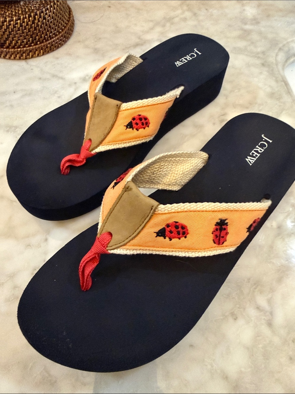 J. Crew Women’s 1.75” Wedge Flip-Flops Peach w/Ladybug Straps- Vintage Canvas